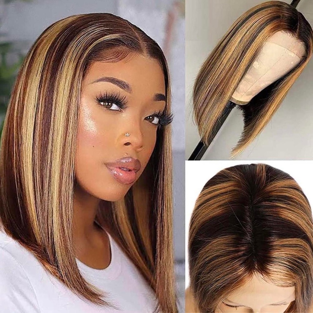 Lace front brown/blonde highlights straight middle part wig
